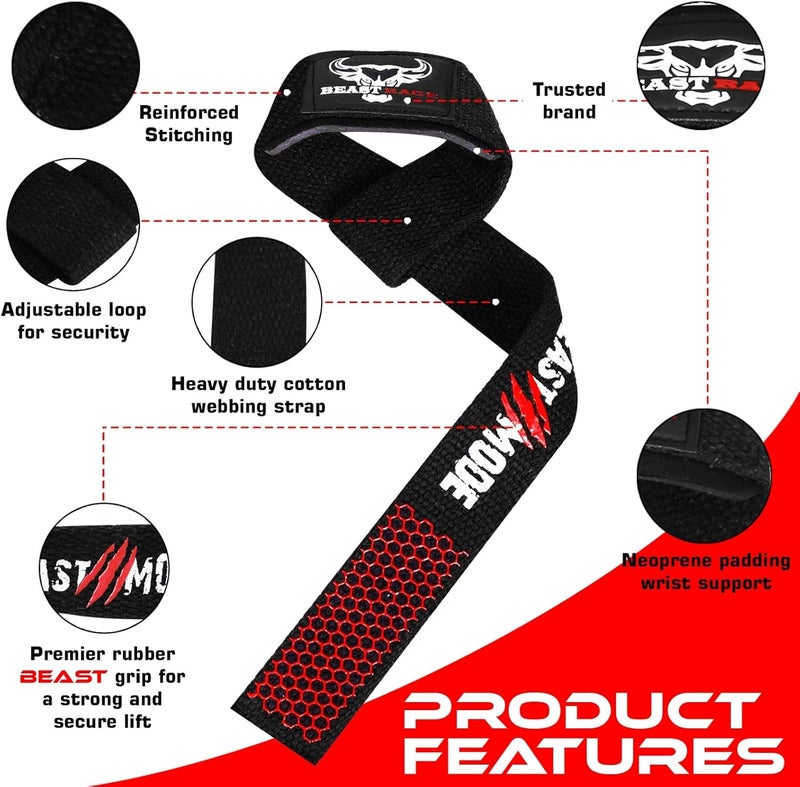 BEAST RAGE Lifting Wrist Straps for Weightlifting, Weight Lifting Straps Gym Grip Power Workouts Lifting Straps Padded Cotton Men Women Wrap Lift Deadlift Straps Hard Pull Exercise - Image 2
